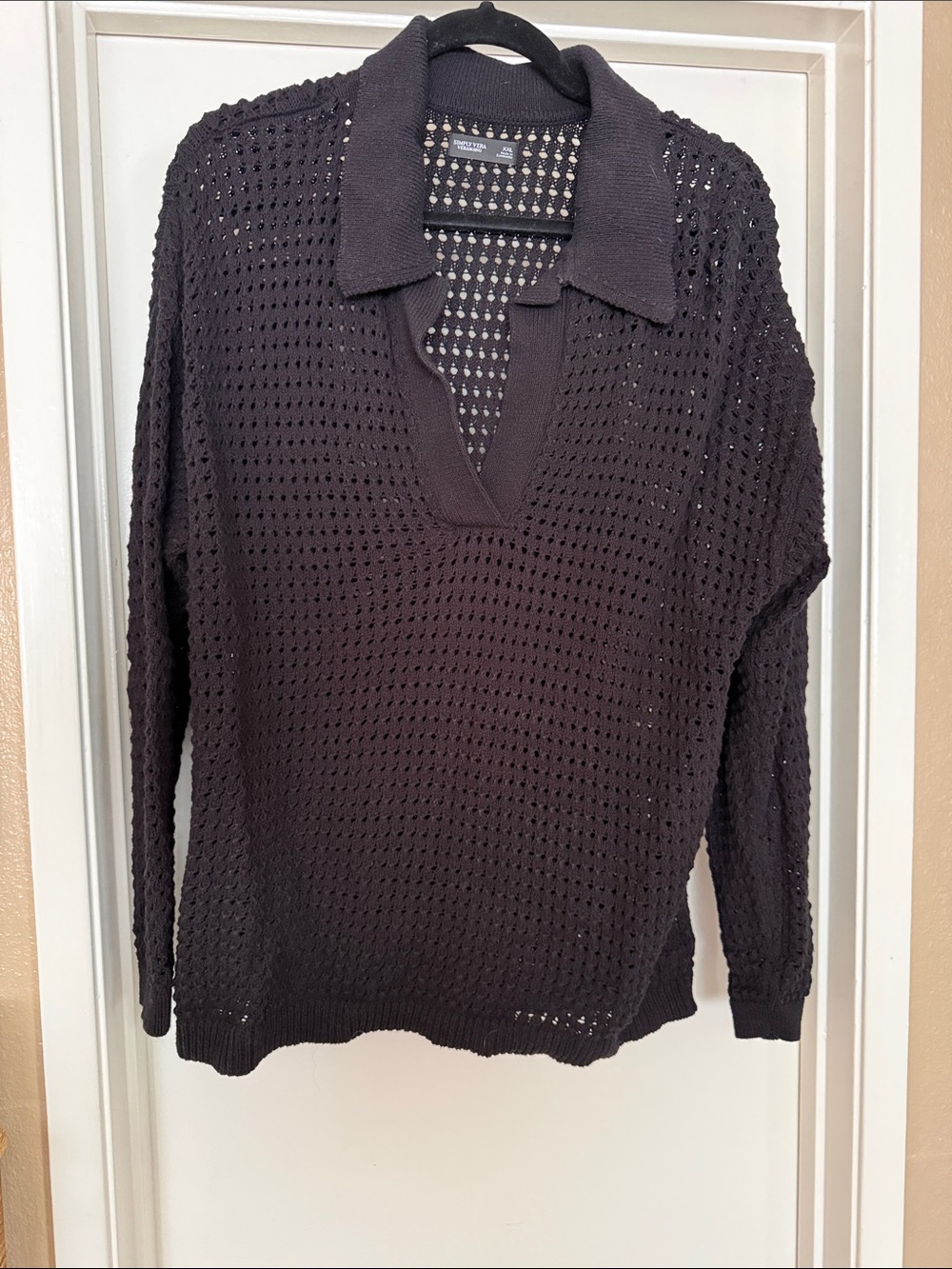 Simply Vera Vera Wang Black Open-Knit V-Neck Polo Sweater